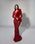 Crimson Feather Embellished Gown