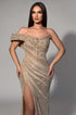 Champagne Beaded Off-Shoulder Draped Gown