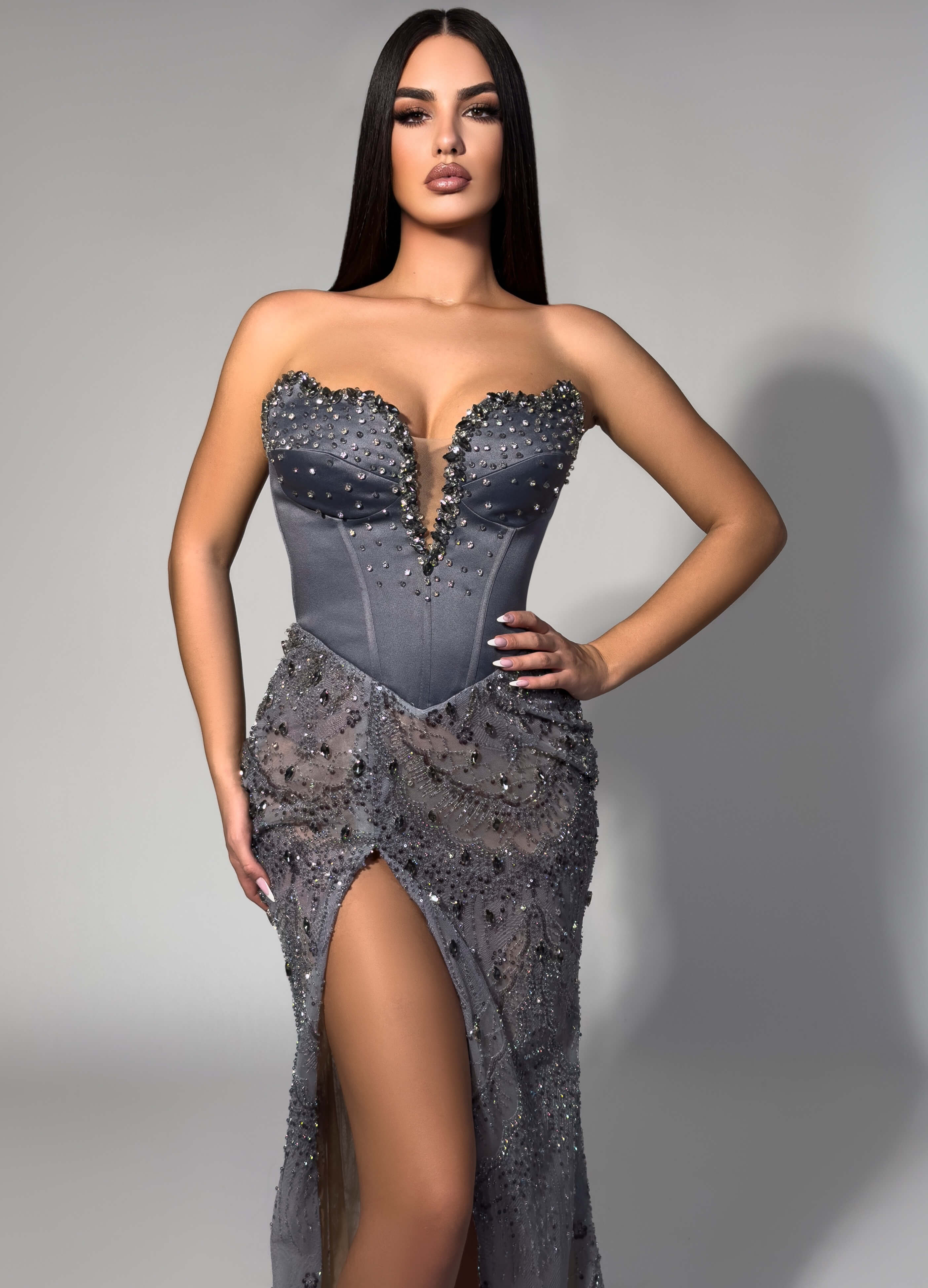 grey feather dress Luxury Grey Feather Beaded Spaghetti Straps Evening Dress LA71652A Grey with Feather / 8