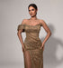 Bronze Beaded Off-Shoulder Draped Gown