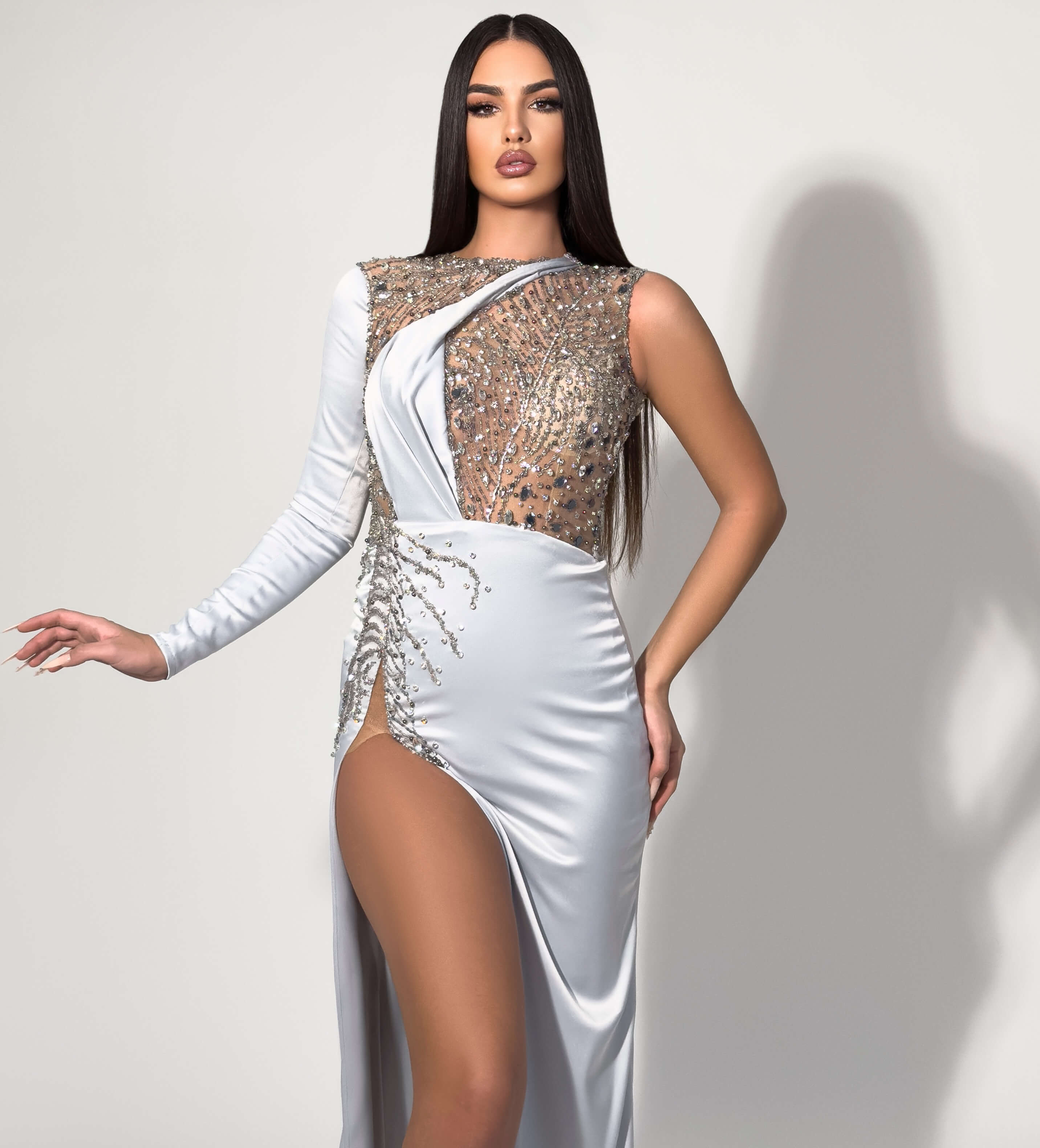 Silver Asymmetric Crystal Embellished Gown