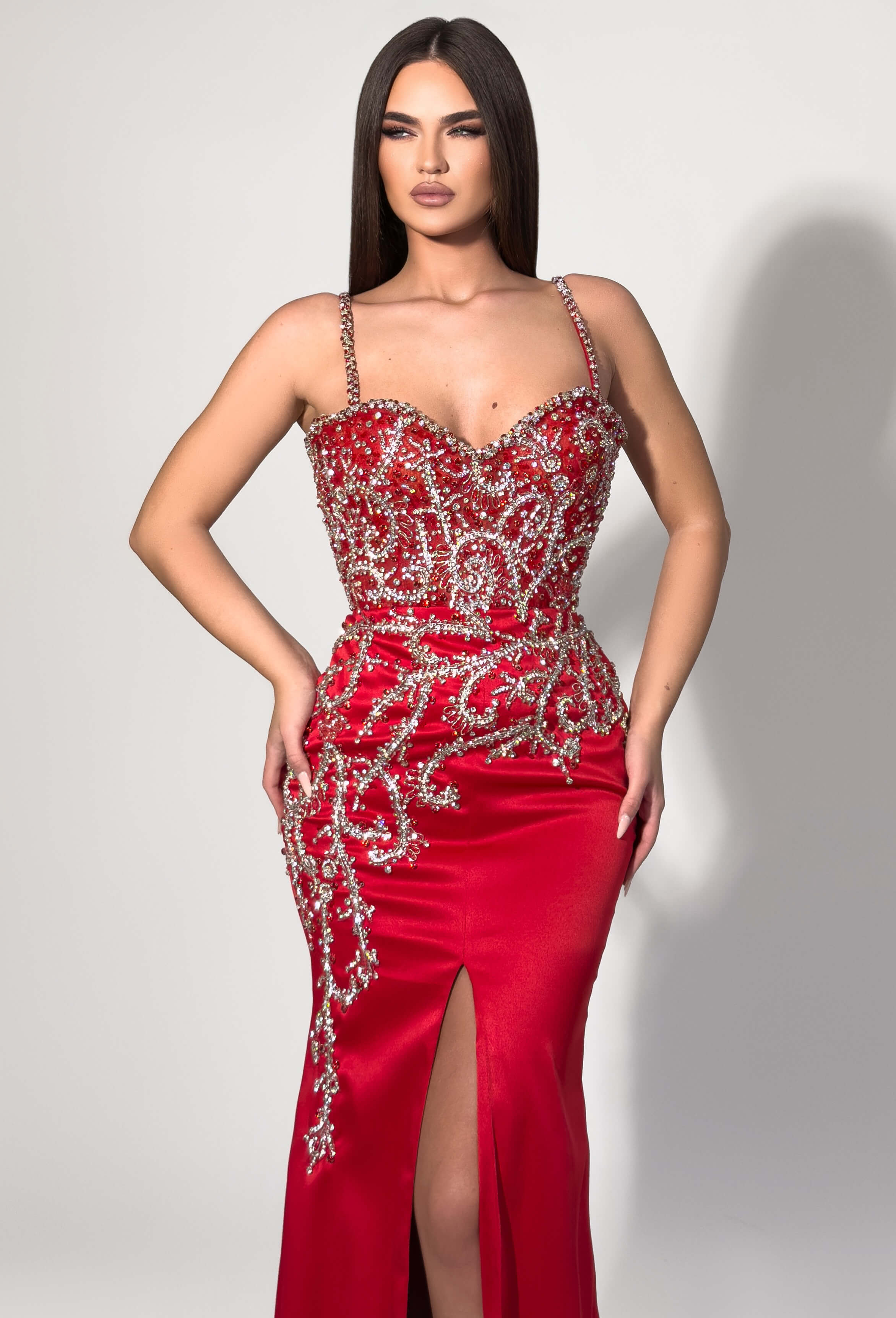 red dress with chain straps Alaina Chain Strap Ruched Maxi Dress - Red
