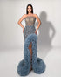 Blue Crystal Embellished Ruffle Gown