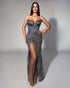 Grey Feather Bustier Beaded Gown