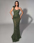 Olive Beaded One-Shoulder Gown