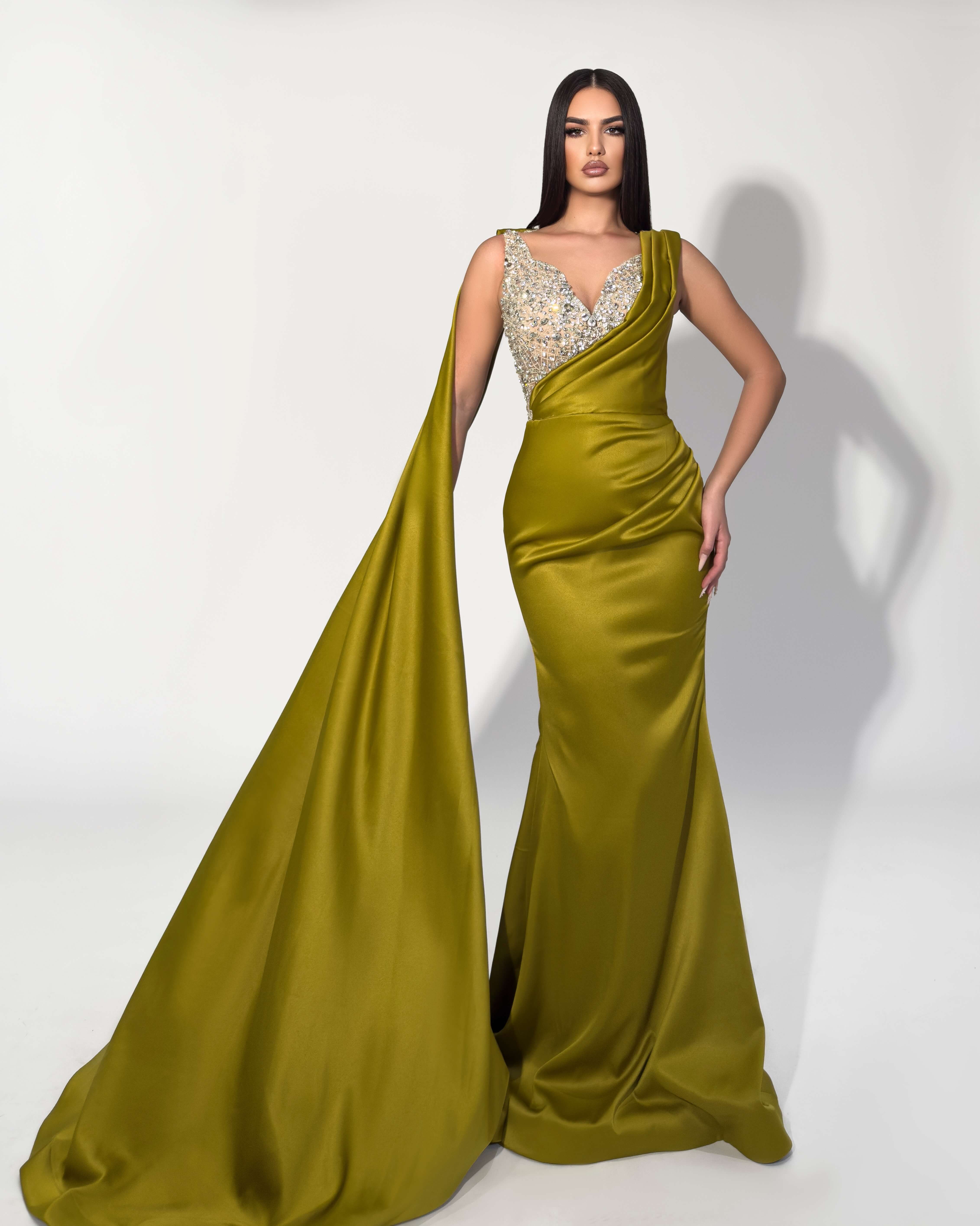 Opulent Chartreuse Satin Gown with Crystal Bodice Opulent Chartreuse Satin Gown with Crystal Bodice