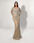 Long Sleeve Beaded Illusion Gown - Champagne