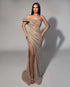 Champagne Beaded Off-Shoulder Draped Gown