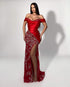 Feather-Trim Beaded Gown - Red