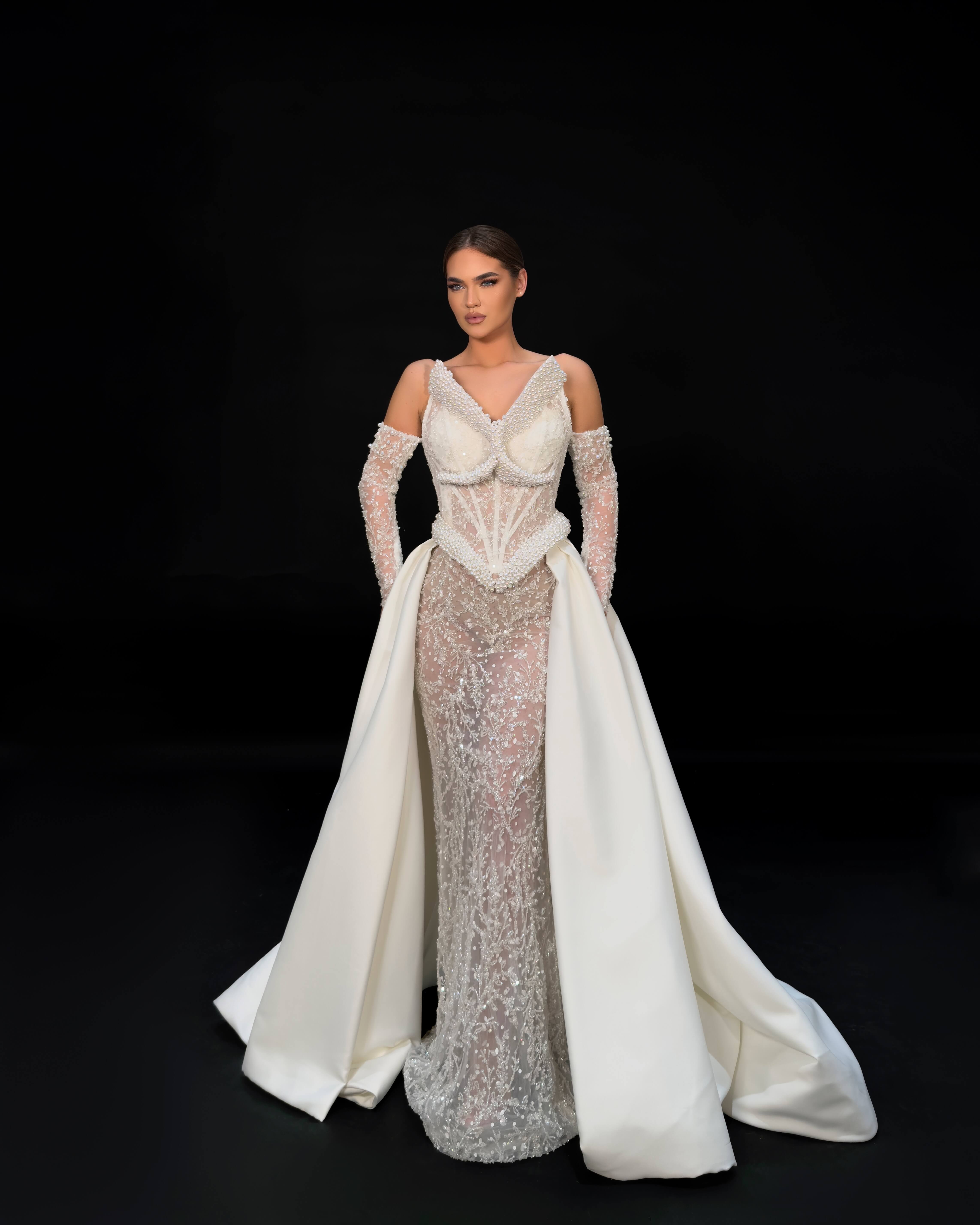 Beaded Column Gown with Overskirt Beaded Column Gown with Overskirt