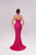 Woman wearing a pink evening gown on a white background